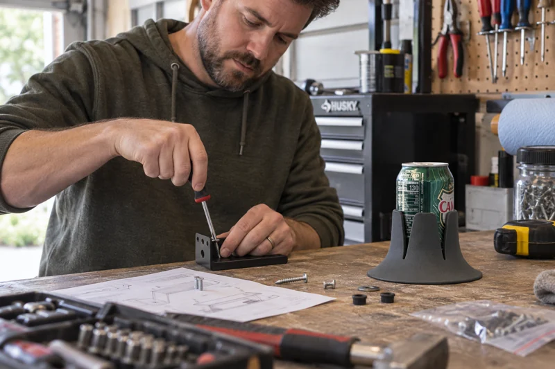 Adult assembling a small household repair at garage bench with opened soda can in Steadi on clear section of actual workbench away from tool travel. AI illustration.